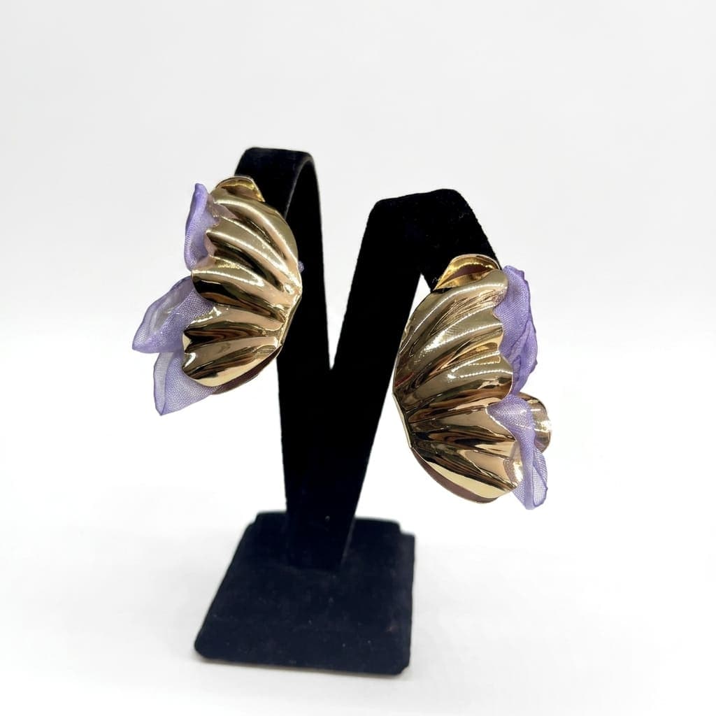 Lilac Shell / Çelik Altın İstiridye ve Lila Organze Küpe — 2