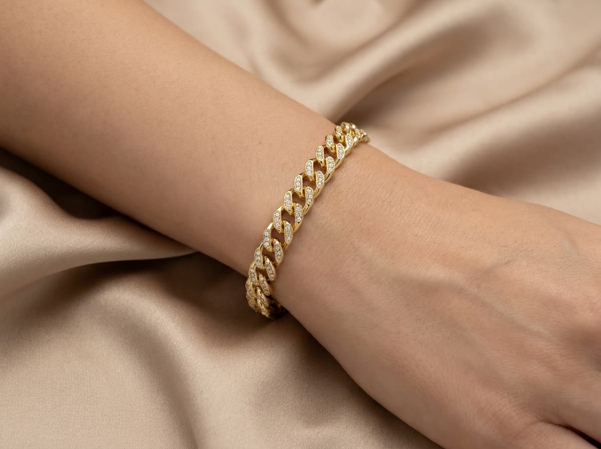 Cuban Glitz / Çelik Orta Şerit Taşlı Gurmet Zincir Bileklik — 1