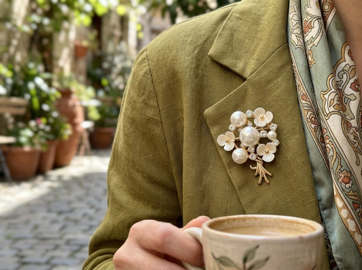 Perla Blossom / Çelik İncili ve Sedefli Çiçek Buketi Broş — 1