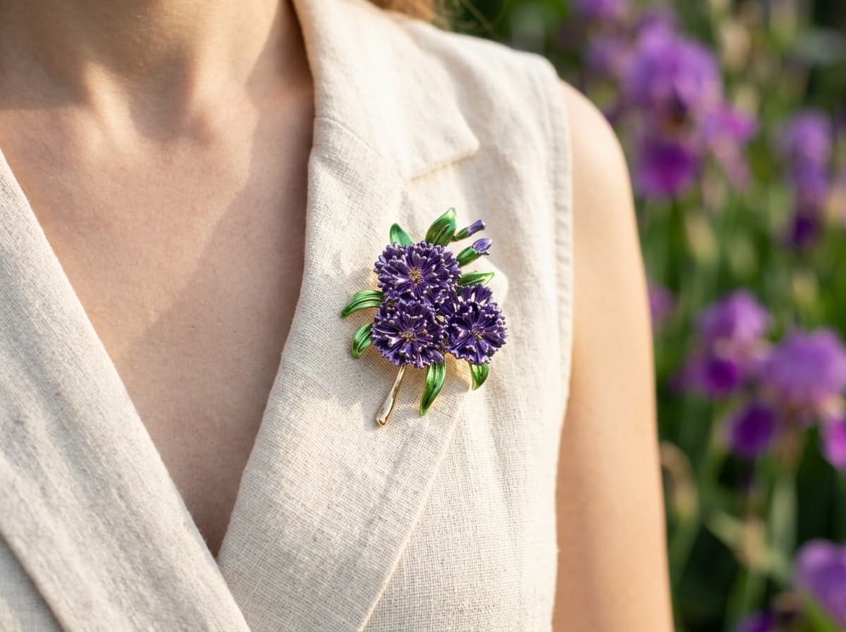 Purple Iris / Çelik Derin Mor Mineli Çiçek Buketi Broşu — 1